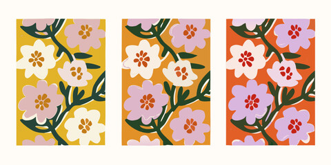 Flower doodle background art vector set. Botanical and leaves abstract shape doodle art for print, wallpaper, home decoration.