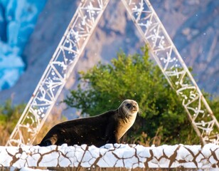 Seal on a rocky outcrop framed by a triangular structure against a backdrop of mountains and ice