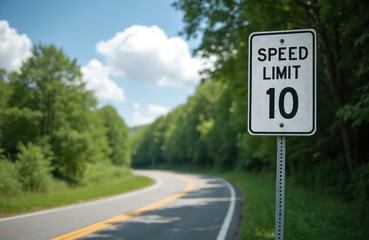 Roadside speed limit sign shows ten mph. White sign with black text posted along winding asphalt road through green trees. Clear blue sky with white clouds overhead. Cautionary traffic control.