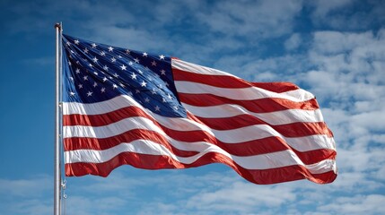 Fototapeta premium The American flag is hoisted on a pole, fluttering in the breeze against a vibrant blue sky adorned with white clouds. The scene captures a moment of patriotism on a clear day.