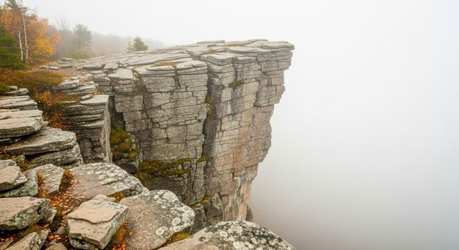 Dramatic sheer cliff face shrouded in atmospheric fog with autumn foliage visible