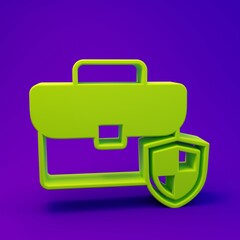 Green Briefcase with shield icon isolated on purple-blue background. Insurance concept. Security, safety, protection, protect concept. Minimalism concept. 3D render illustration