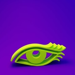 Green Beautiful woman eye icon isolated on purple-blue background. Minimalism concept. 3D render illustration
