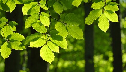 Fresh green leaves in sunlight filtering through branches.