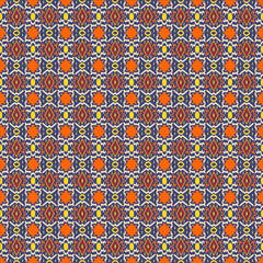  Colorful seamless textile pattern featuring geometric and ornamental motifs in orange, yellow, and navy blue. This traditional ethnic fabric design combines symmetry and repet