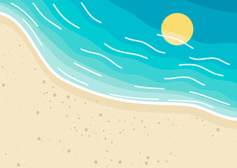 Top view of beach with blue sea water, ocean waves, and sunny sky illustrated. Summer travel and holiday getaway concept.