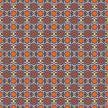 Colorful seamless textile pattern featuring geometric and ornamental motifs in orange, yellow, and navy blue. This traditional ethnic fabric design combines symmetry and repet