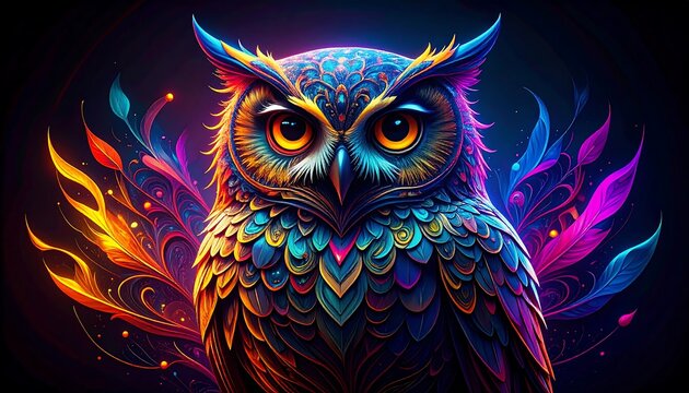 A vibrant owl, adorned with intricate, colorful feathers and floral details, stands out against a dark backdrop.