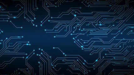 Glowing blue circuit board with animated data flow - Powered by Adobe