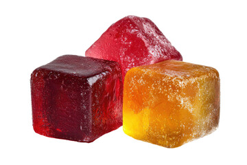 Three colorful, cubed, translucent candies.  Red, orange, and a mix of both.  Rough, crystallized surfaces.  Isolated on black