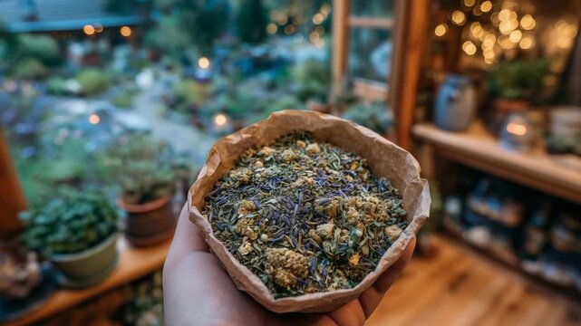 Eco-friendly biodegradable pouch with fragrant dried herbs, promoting a healthy, zero-waste lifestyle in natural kitchen light.