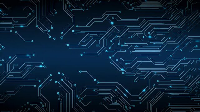 Glowing blue circuit board with animated data flow - Powered by Adobe