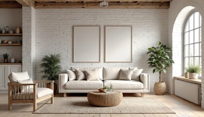 Rustic living room featuring white brick walls, exposed wooden beams, comfortable sofa with armchair. Round coffee table sits on textured rug, creating cosy, inviting atmosphere. Natural light
