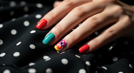 Close-up of manicured hands with vibrant nail art. Colorful nails featuring intricate floral designs