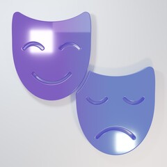 Purple-blue Comedy and tragedy theatrical masks icon isolated on grey background. Minimalism concept. 3D render illustration