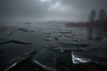 Frozen lake, broken ice, misty overcast
