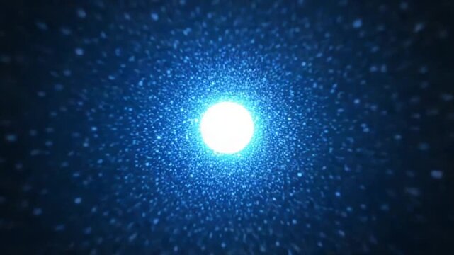 A cosmic tunnel is filled with blue glowing lights, converging toward a bright central point