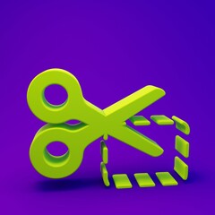 Fototapeta premium Green Scissors cuts discount coupon icon isolated on purple-blue background. The concept of selling in an online supermarket at low prices or half the cost. Minimalism concept. 3D render illustration