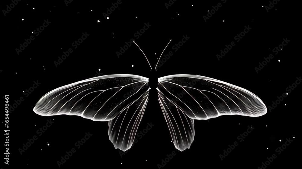 Poster detailed line art of butterfly wings on a dark background with elegant design elements