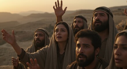A group of biblical people, men and women, with raised arms praying outdoors. Early christianity and Jesus Christ concept.