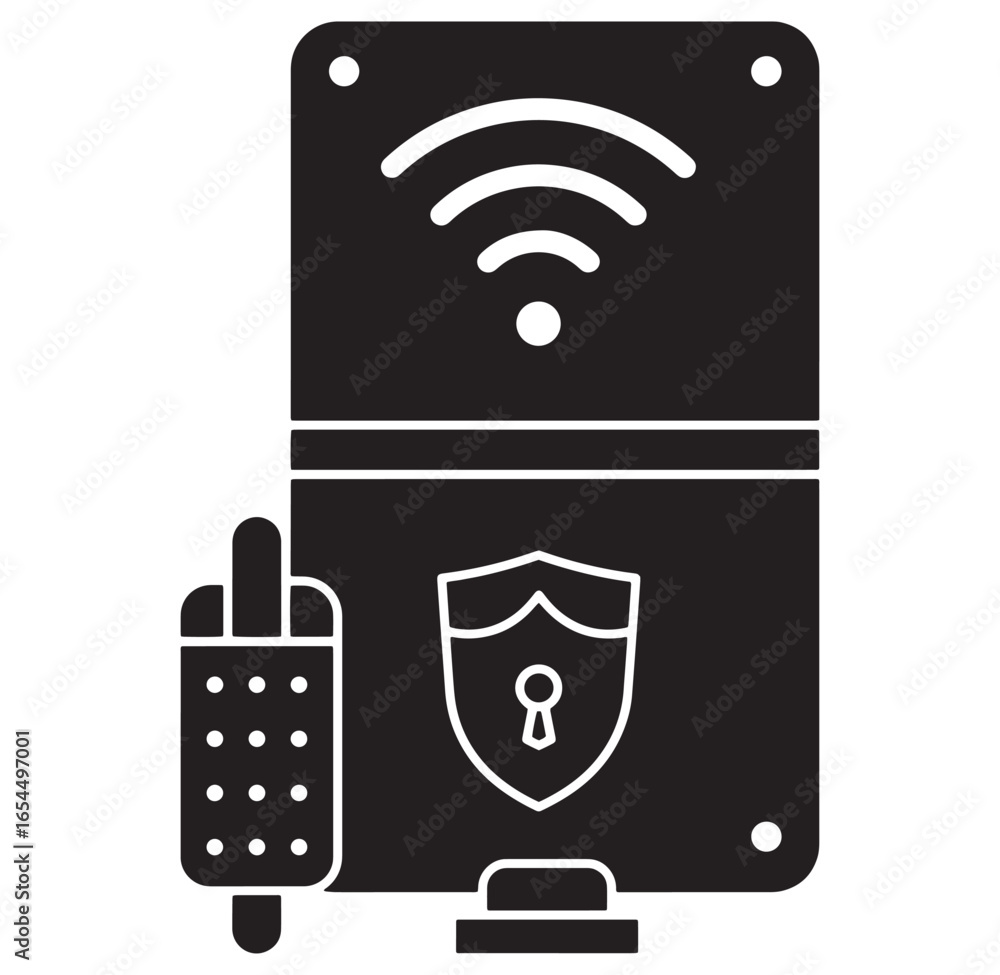 Poster secure wireless network connection with wi-fi signal and smart home device icon