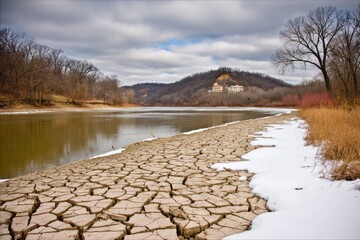 Dried riverbed, cracked earth, winter landscape