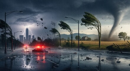 Dramatic illustration of extreme weather events such as powerful storms heavy rainfall and intense winds impacting urban and rural landscapes emphasizing the increasing frequency
