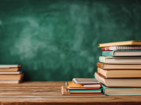 School supplies laid out in front of green chalkboard, wooden table, vintage style books, textbooks, notebooks, academic mood, school, university, no people