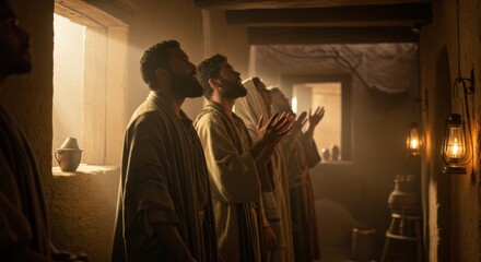 Fototapeta premium Group of ancient men and women in Biblical robes praying with palms up to heaven during early Christian worship.