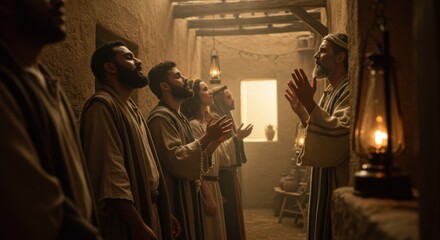 A group of diverse people including men and a woman, praying together in a solemn indoor setting at night. Early christian community worship.