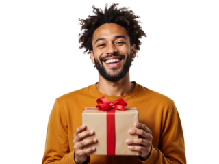 Happy young man smiling holding gift present box isolated on transparent background