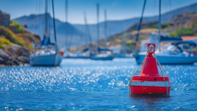 A vibrant red buoy bobs in calm sea waters with sparkling light, surrounded by anchored yachts, ideal for maritime safety and holiday sailing.