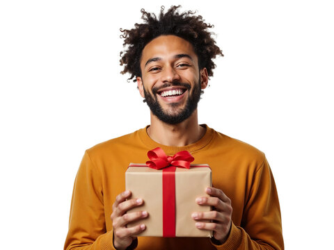 Happy young man smiling holding gift present box isolated on transparent background