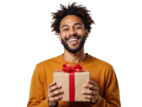 Happy young man smiling holding gift present box isolated on transparent background
