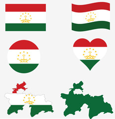 Tajikistan flag and map set. Tajikistan flag in official colours and proportions, independence day 9  September, map, circle, rectangular, and heart shaped Tajikistan.
