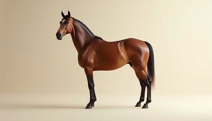 brown horse standing against a clean gradient background, with negative space on the side