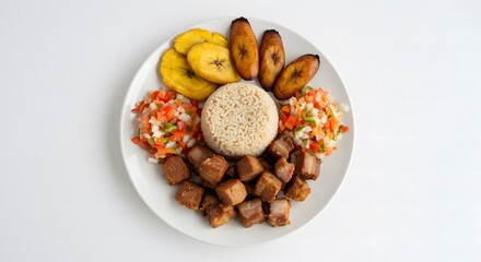Traditional Haitian Griot with Pikliz, Fried Plantains, and Rice