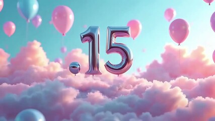15th birthday celebration scene featuring floating metallic .15 numeral, pastel pink clouds, and dreamy pink balloons in a surreal sky
- Powered by Adobe