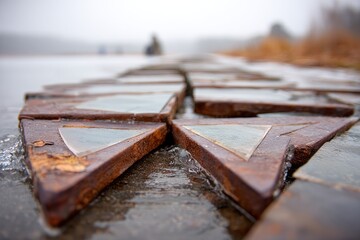 Close-up of weathered metal tiles, possibly on ice, with triangular glass inserts