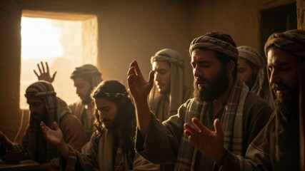 Men in biblical robes praying with raised hands in a sunlit room, a scene of early Christian worship and devotion.