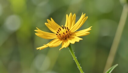 Closeup of a vibrant yellow flower with delicate petals blooming in a lush green meadow on a sunny day
