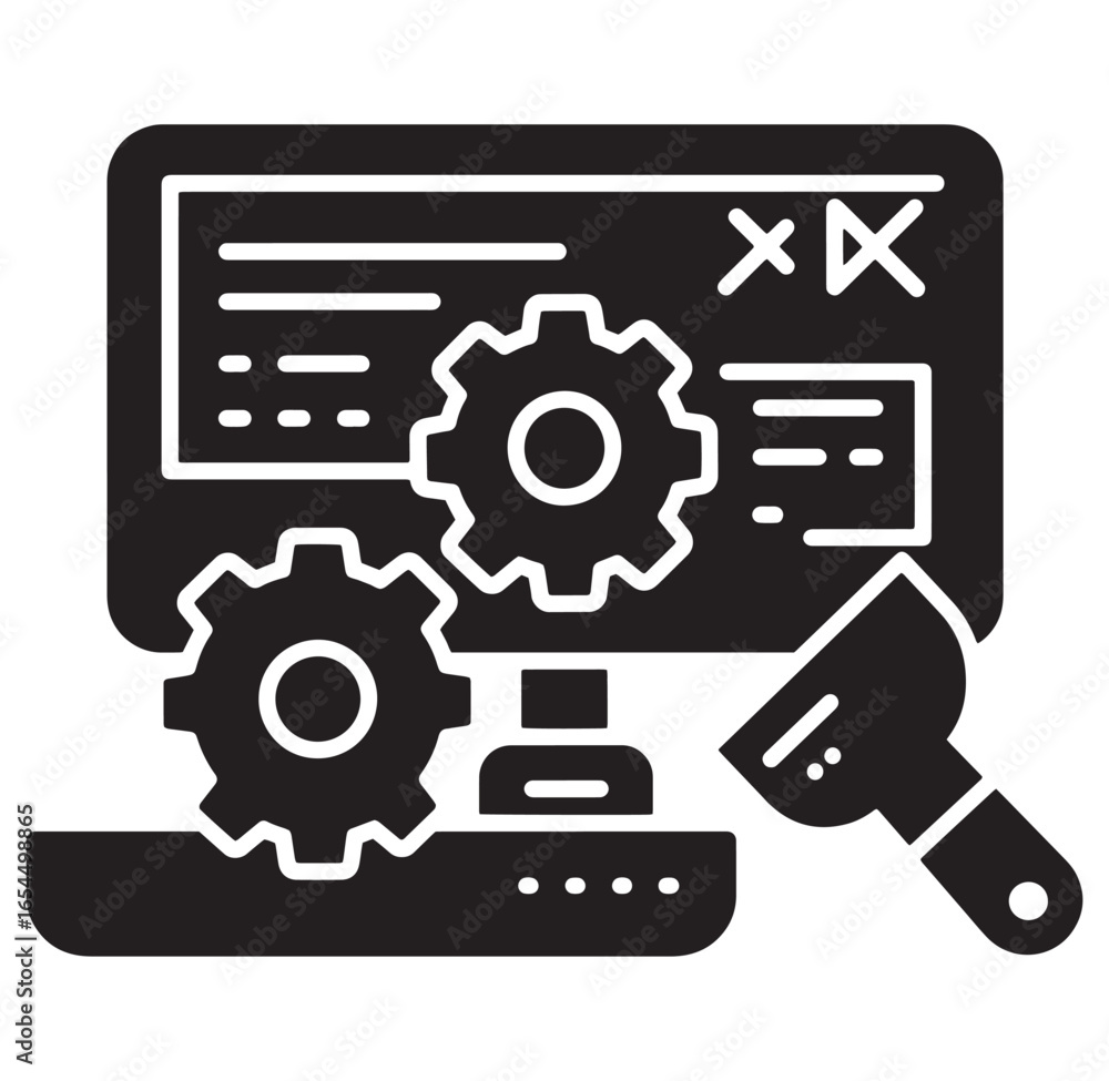 Poster software development process conceptualized with gears computer screen and tools