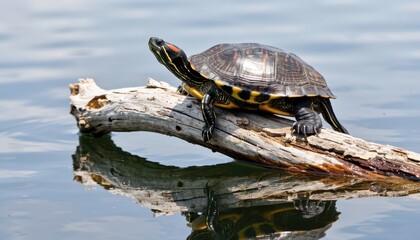 Fototapeta premium Redeared slider turtle basking on a log in a pond, enjoying the warm sunlight and reflecting in water