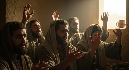 Early christian men and women with raised hands in prayer meeting. Disciples and apostles praying during Pentecost. Biblical times and gospel concept.