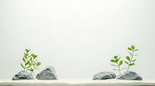 Minimalist aquarium decor with rocks and green plants