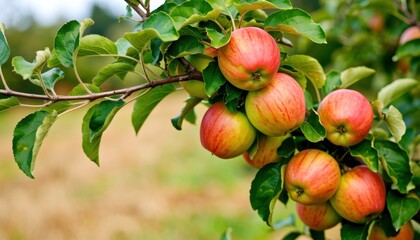 Obraz premium Ripe red apples hanging on a branch of an apple tree in an orchard on a sunny day in autumn