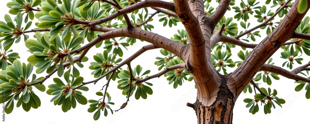 Poster a detailed shot of a tree, capturing its unique features. The image captures the branching structure and leaf