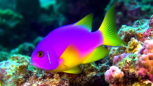 Vibrant purple and yellow fish on coral reef