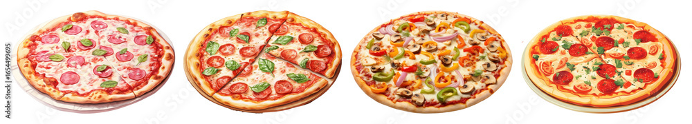 Poster png delicious assorted pizzas on display, element set on transparent background