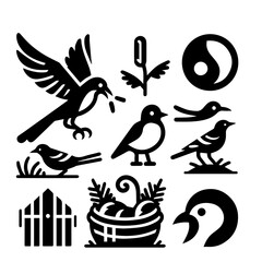 Illustration of birds in various poses with nest, cattail, and yin yang symbol in black and white style